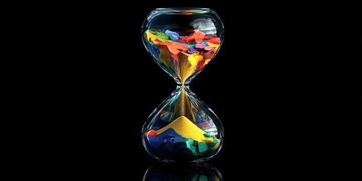 A colorful hourglass filled with vibrant sand, symbolizing the passage of time against a dark background.