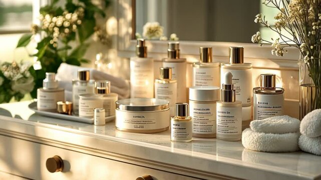 Elegant display of skincare products on a vanity with soft lighting
