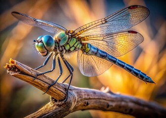 Dragonfly on Twig: A Delicate Moment of Nature's Beauty - Stock Photo