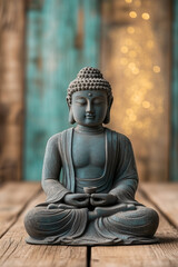 Fototapeta premium Serene Buddha Statue: A contemplative bronze Buddha statue sits in a serene pose on a rustic wooden surface, with a softly blurred teal background evoking tranquility and inner peace. 