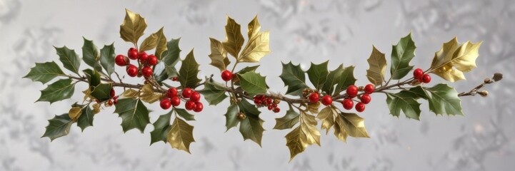 Ornamented holly branch with red berries and gold accents against a snowy isolated background, isolated, holly