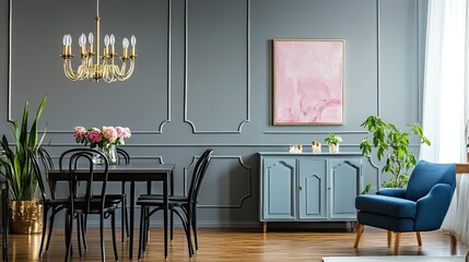 Fototapeta premium Elegant dining room, grey walls, chandelier, armchair