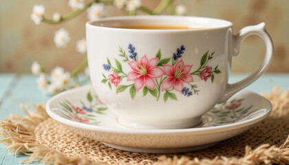 Fototapeta premium Easter lily tea cup on vintage café table, springtime elegance