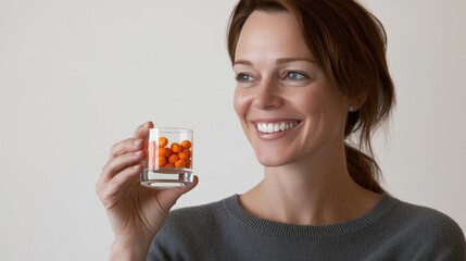 Smiling Woman Holding Glass of Orange Pills