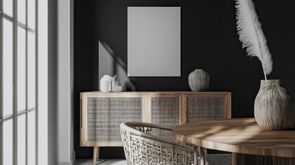 Modern room, sunlight, mockup poster, rattan furniture, interior design
