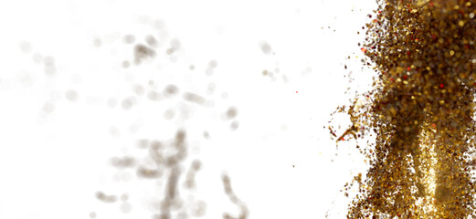 Abstract background with gold glitter particles exploding on white. Ideal for luxury, celebration, and festive designs.