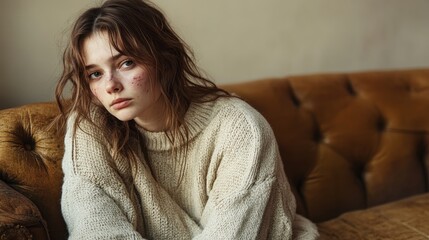 Naklejka premium A Pensive Portrait: Young Woman in Cream Sweater on Vintage Sofa