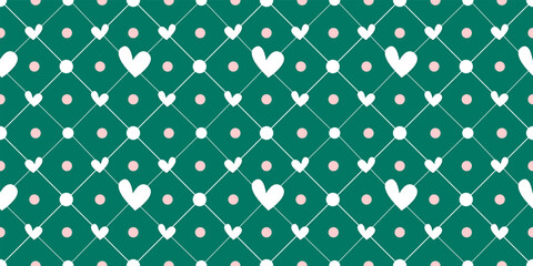 White Heart Seamless Pattern on green Background. Love romantic theme. Pattern hearts with Love for Valentine's Day. Valentines day background. Vector abstract texture with small hearts