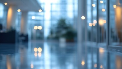 Abstract Blurred Office Interior: Modern Glass Building Reflections