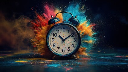 An alarm clock with a colorful paint explosion behind it, symbolizing the feeling of time flying by super fast.