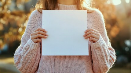 Person holding white paper mock up with text in nature outdoor environment soft lighting for creative inspiration