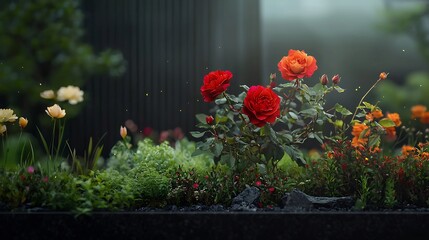 Vibrant roses bloom in a lush garden setting with soft morning light and greenery surrounding