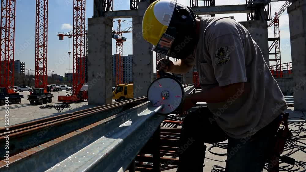 Poster in the large building construction in front of the camera constructor worker using disc welding mach