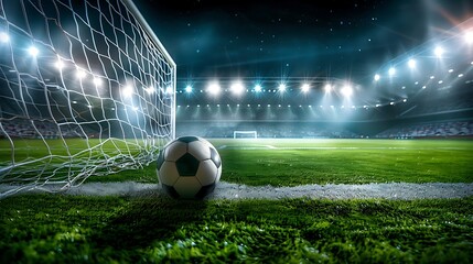 Naklejka premium Soccer ball on the green field of stadium with bright spotlights