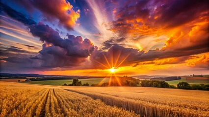 Obraz premium Dramatic Sunset God Rays over Czech Cornfield - Low Light Agriculture Photography