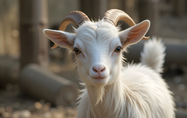 Fototapeta premium Close-up portrait of a young goat with horns, standing in a natural farm setting