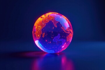 Neon colored sphere set against dark blue background, neon, glow