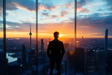 Fototapeta premium Silhouette of a businessman overlooking a cityscape at sunset.