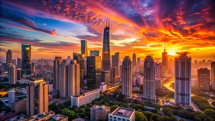 Obraz premium Dramatic Sunset Skyline: Vibrant Cityscape Aerial Drone Photography