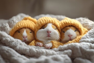 Adorable Trio of Guinea Pigs in Cozy Knitted Hats for Winter