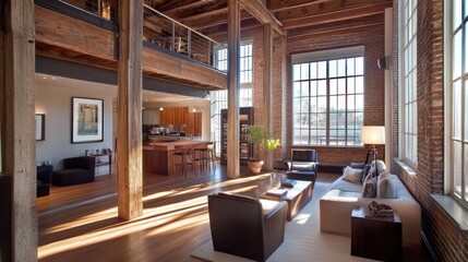 Sunlit Loft Apartment with Exposed Beams and Brick Walls