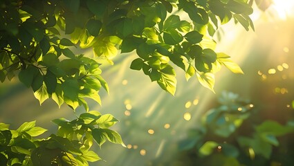 Obraz premium A dreamy, blurred background with warm sunlight filtering through green leaves.
