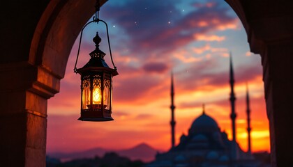 A beautifully ornate lantern, glowing warmly, hangs against a backdrop of a breathtaking sunset over a mosque