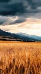 Fototapeta premium Sunset over golden wheat fields with mountains in the background, highlighting the beauty of rural landscapes