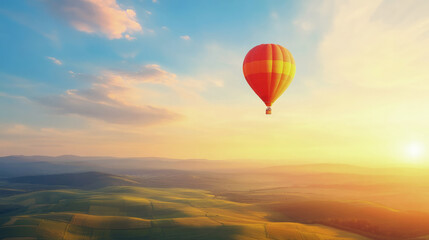 Obraz premium A vibrant hot air balloon soars over a vast, sunlit landscape with rolling hills and fields. Freedom, adventure, and travel concept.