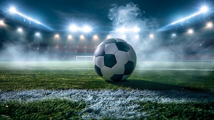Soccer ball on the green field of stadium with bright spotlights