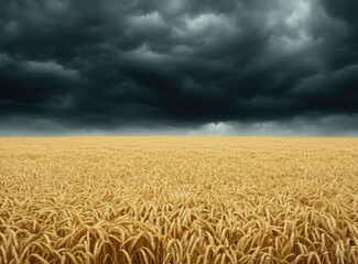 Naklejka premium A breathtaking scene unfolds as a dramatic wheat field stretches beneath ominous, dark clouds, heralding an approaching storm in a serene rural landscape