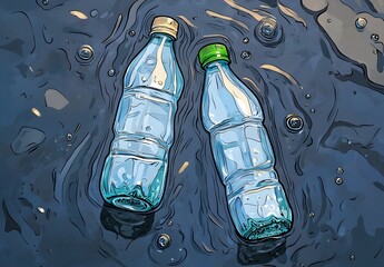 Two Colorful Plastic Bottles Floating in Calm Water Surface