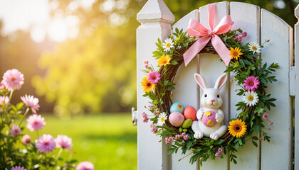 Colorful Easter wreath with bunny figurine on garden gate, festive joy