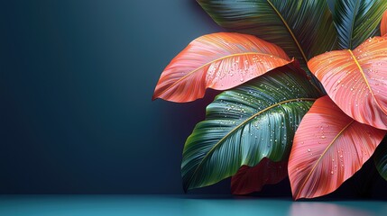 Dew Kissed Tropical Leaves Against Dark Background