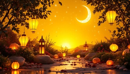 A beautiful, digitally created image showcasing a serene garden path at golden sunset