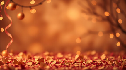 festive background, golden bokeh lights, red and gold glitter, holiday atmosphere, blurred warm tones, sparkling confetti, celebratory mood, shimmering particles, luxurious texture, christmas or new y