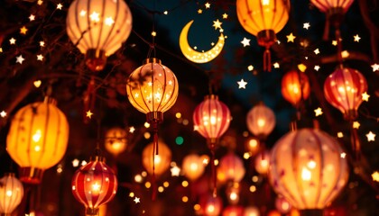A captivating display of vibrant Asian lanterns, in warm orange and peach tones, hanging from branches in a dark night