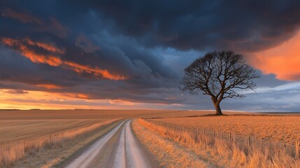 Obraz premium Lonely tree sunset road landscape, dramatic sky, field background, travel postcard