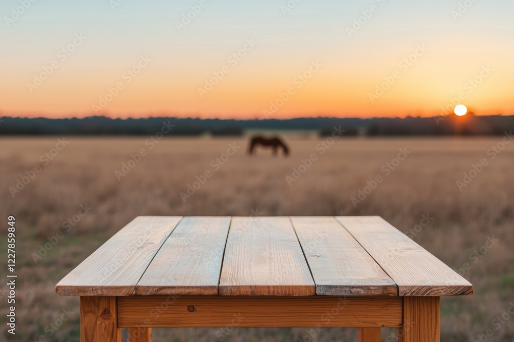 Poster empty wooden table with a blurred background of a horse grazing in a field at sunrise, creating a pe