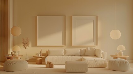 Minimalist living room with two square blank wall frames
