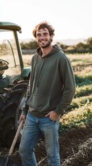 Fototapeta premium Smiling Young Farmer Posing with Tractor and Shovel