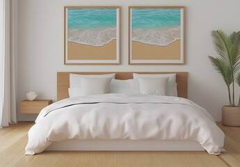 Cozy bedroom design with beach-themed artwork on wall
