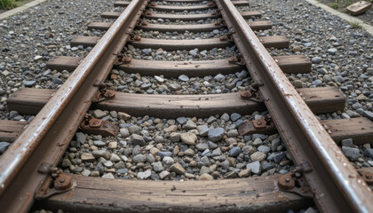 Naklejka premium Close-up view of railway tracks with gravel and wooden ties.