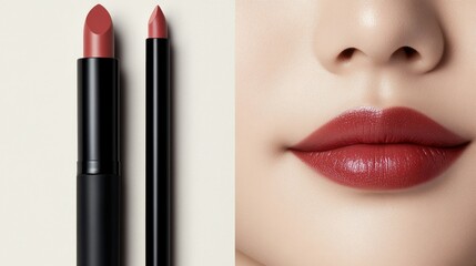 Obraz premium Two shades of lipstick beside a model’s lips showcasing a smooth, vibrant finish in modern makeup artistry