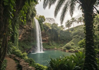 waterfall in the jungle The waterfall of the lake, close view during