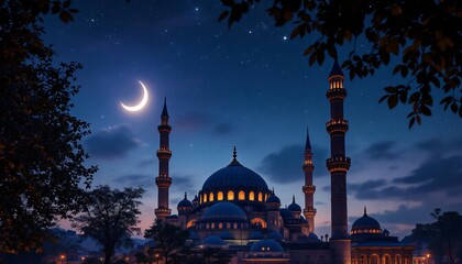 A stunning image of a mosque at twilight, illuminated with warm light