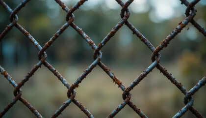 Fototapeta premium Rusty chain-link fence with blurred background of nature.