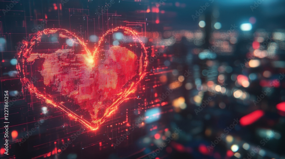 Poster glowing red heart formed by digital particles and resembling a world map pulsates on a screen agains