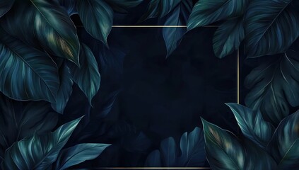Fototapeta premium Dark Lush Tropical Leaves Background with Golden Frame