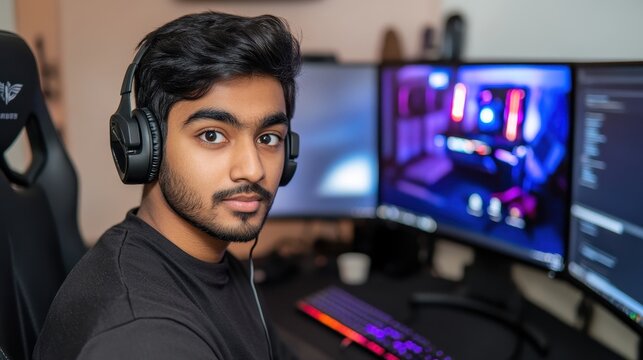 Young Gamer Focused on his Triple Monitor Setup